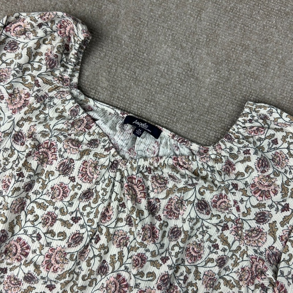 Angels Forever Young Blouse Top Womens Medium Beige Floral Stretch Hem Casual